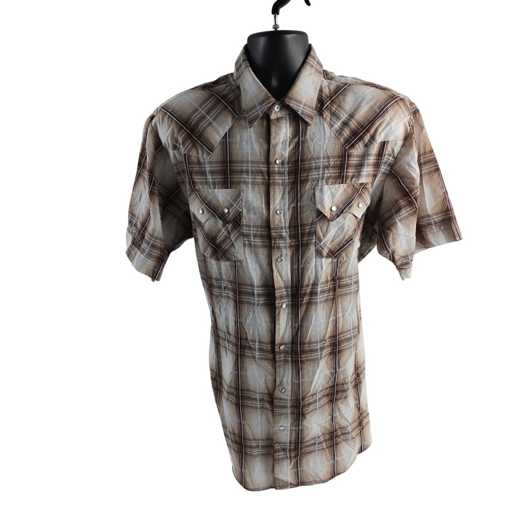 Ely Cattleman Men's Tall XLT Plaid Short Sleeve Snap Western Shirt Beige Brown‎